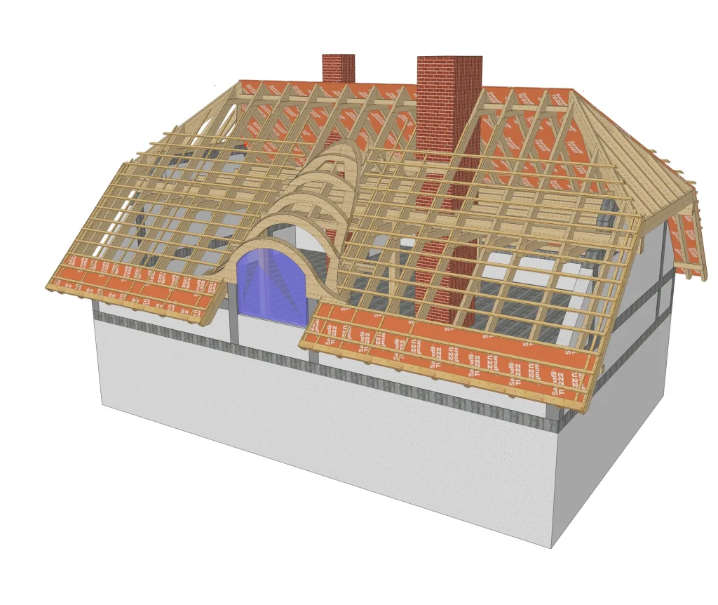 Wizualizacja 3D więźby dachowej z wolem okiem — schemat konstrukcyjny