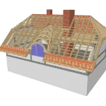 Wizualizacja 3D więźby dachowej z wolem okiem — schemat konstrukcyjny